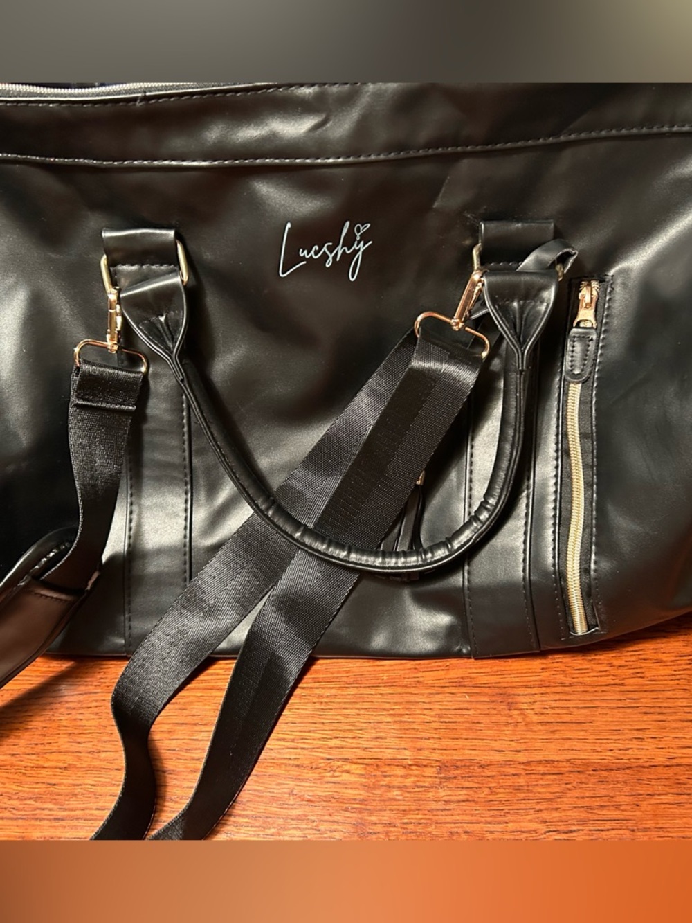 Lucshy black  Faux Leather Travel Tote with Shoulder Strap